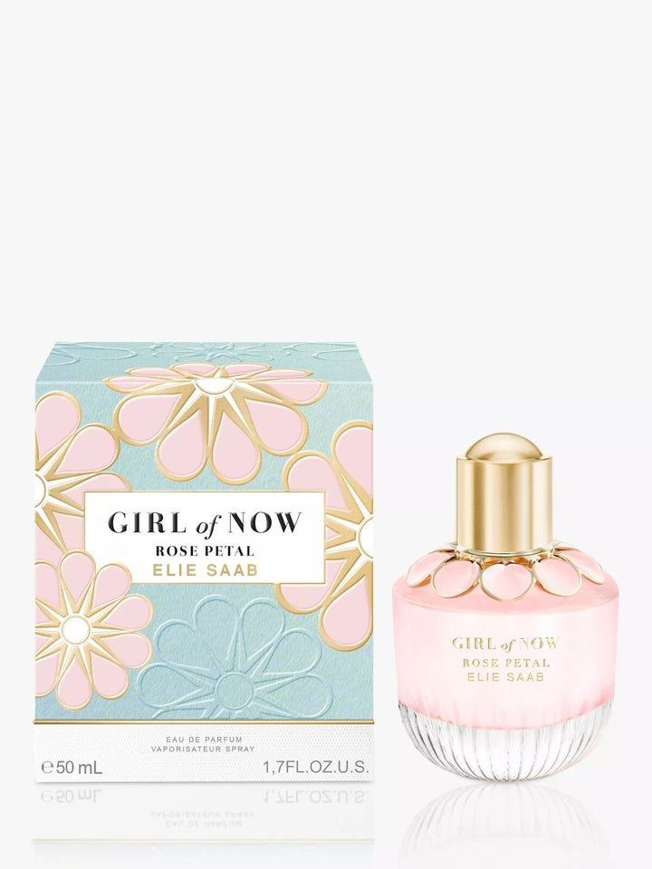 image showing the bottle and packaging for Girl Of Now Rose Petal Perfume By Elie Saab Eau De Parfum Spray 50ml