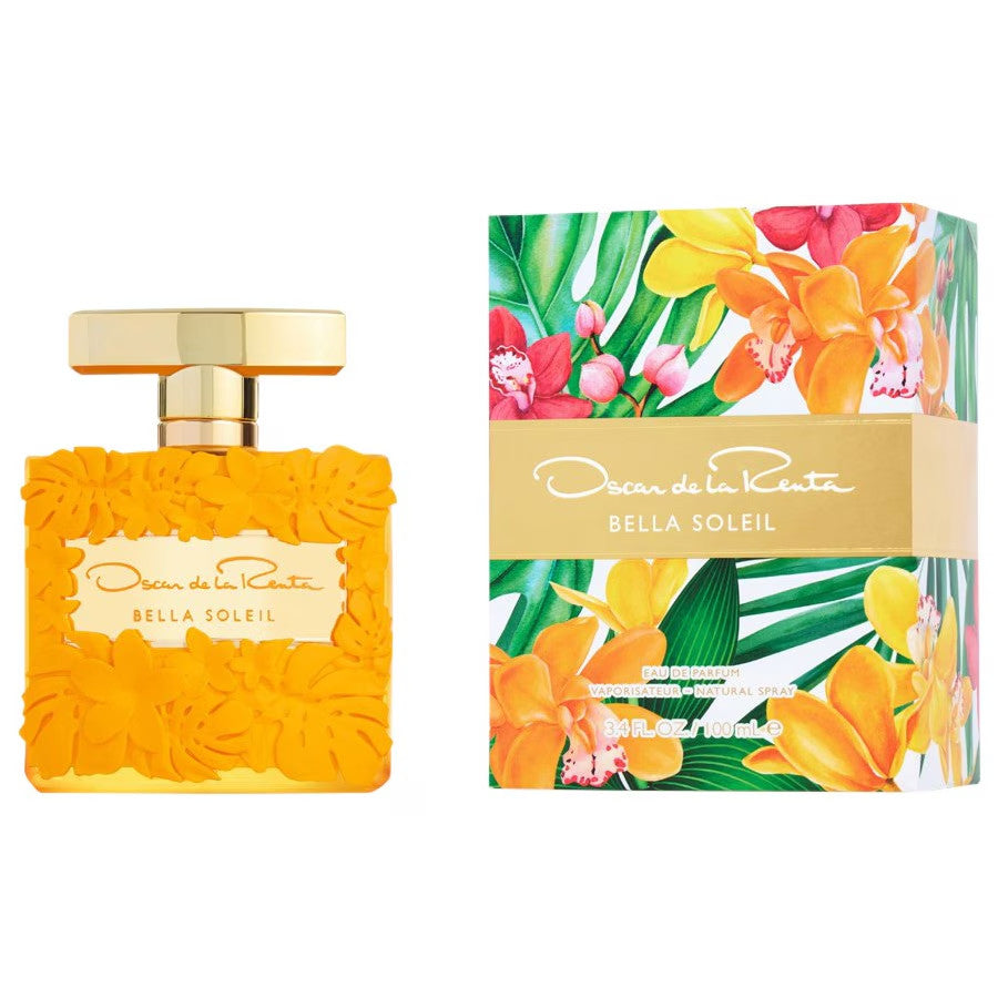 image showing the bottle and packaging for Oscar Bella Soleil Perfume By Oscar De La Renta Eau De Parfum Spray 100ml