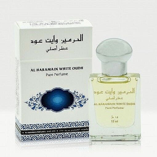 image showing the bottle and packaging for Al Haramain White Oudh Cologne By Al Haramain Eau De Parfum Spray 15ml