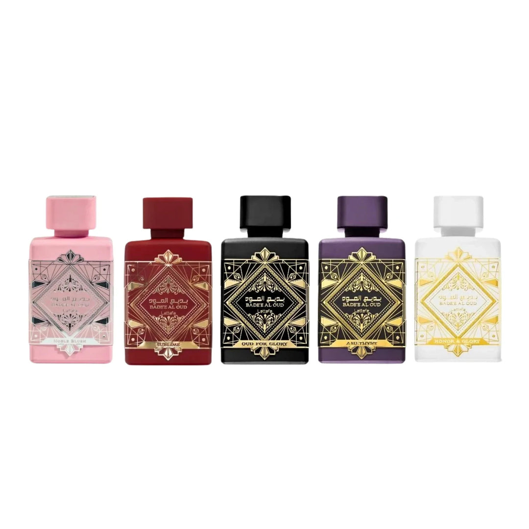 image showing the bottle and packaging for Lattafa Badee Al Oud 5pc Mini Set   Glory + Amethyse + Honor & Glory + Sublime + Noble Blush Set