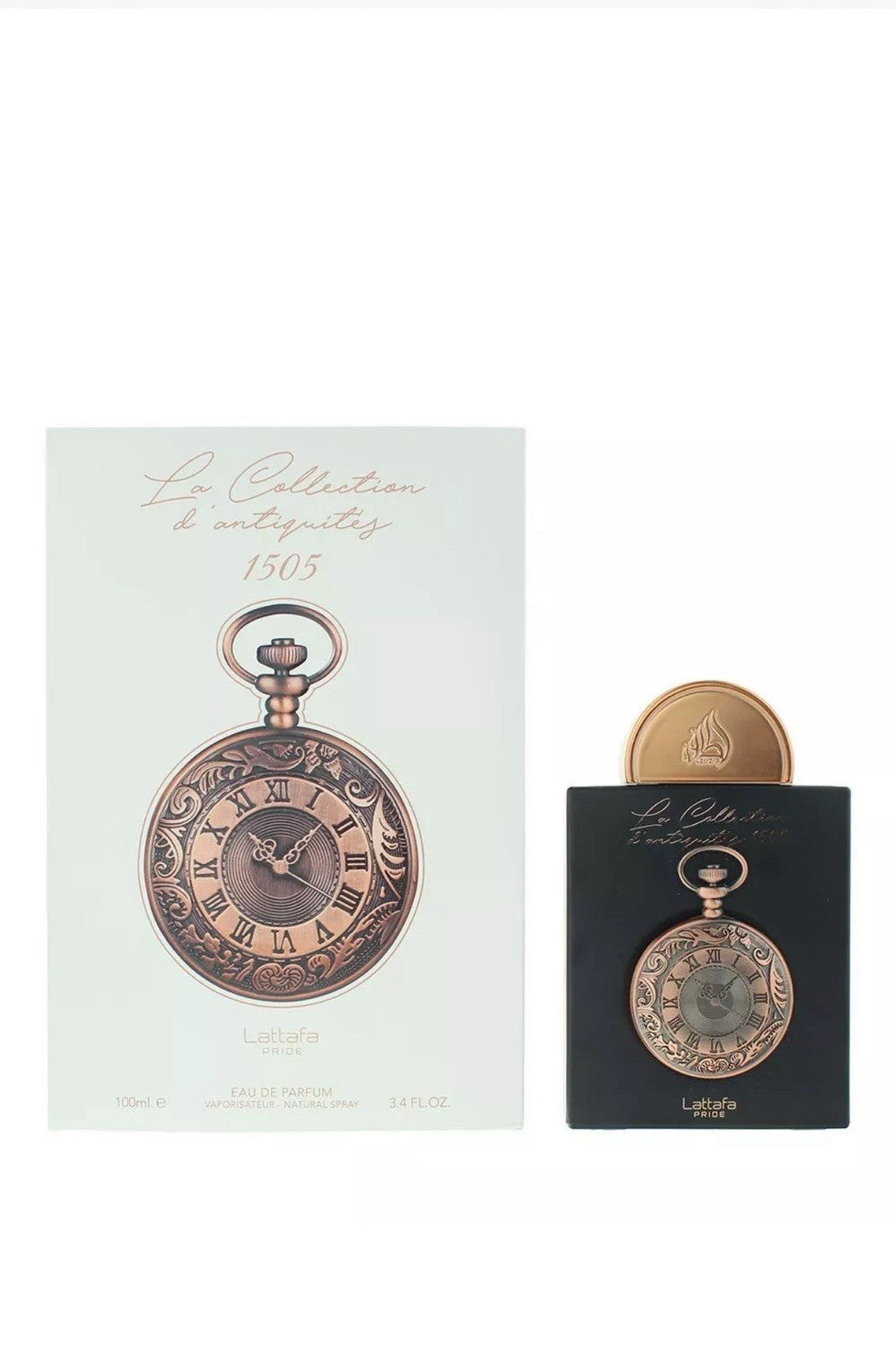 image showing the bottle and packaging for Lattafa Pride   La Collection   D'antiquites 1505 (Watch) EDP Sp.Ray 100ml