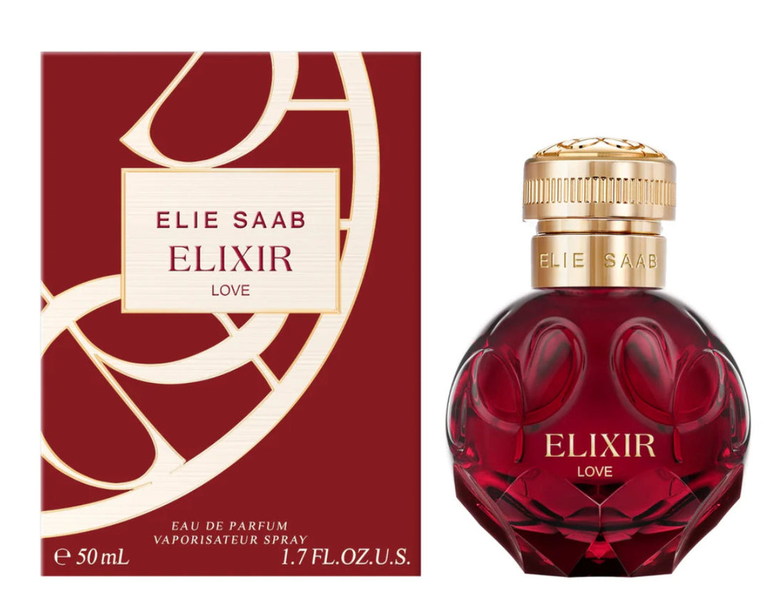 image showing the bottle and packaging for elixir love perfume by elie saab eau de parfum spray 50ml