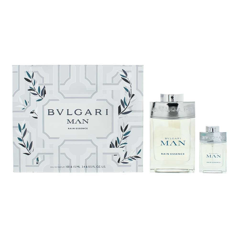 image showing the bottle and packaging for BVLGARI MAN RAIN ESSENCE 2PC SET   EDP 100ML + TRAVEL SPRAY 15ML set