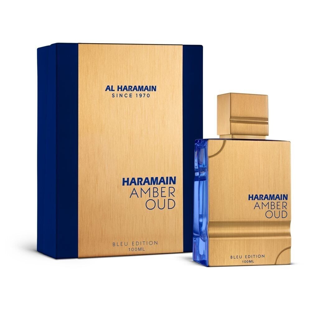 image showing the bottle and packaging for Al Haramain Amber Oud Bleu Cologne By Al Haramain Eau De Parfum Spray 100ml