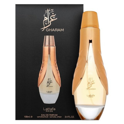 Gharam Lattafa perfume bottle and packaging on a white background