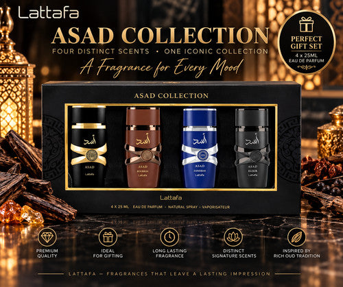 Lattafa Asad Collection Set   4 X 25ml   Asad + Asad Elixir + Asad Bourbon + Asad Zanzibar set  - Just Perfume