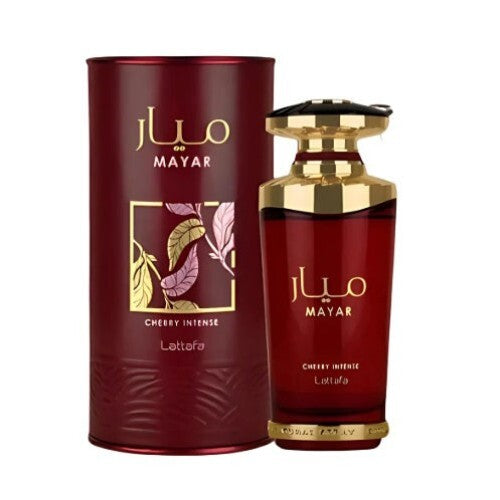 image showing the bottle and packaging for Lattafa Mayar Cherry Intense Eau De Parfum 100ml