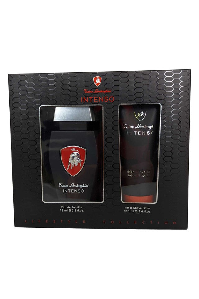 Two bottles of Lamborghini Intenso cologne and after-shave in a black textured box.