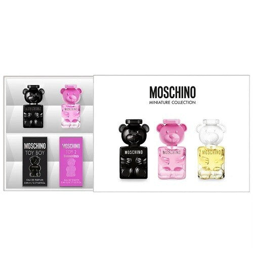 image showing the bottle and packaging for MOSCHINO 3 PCS TOY MINI SET: TOY BOY 5 ML EAU DE PARFUM + TOY 2 BUBBLE GUM 5 ML EAU DE TOILETTE + TOY 2 5 ML EAU DE PARFUM. set