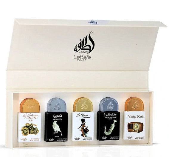 Lattafa Pride Mini Set La Collection - 1910 Bike/Shaheen Silver/ La African Drummer / Ishq Al Shuyukh Silver /Vintage Radio   - Just Perfume