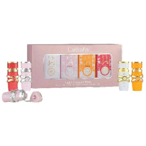 image showing the bottle and packaging for Lattafa Yara 4pc Mini Set   Yara + Candy + Tous + Moi Set