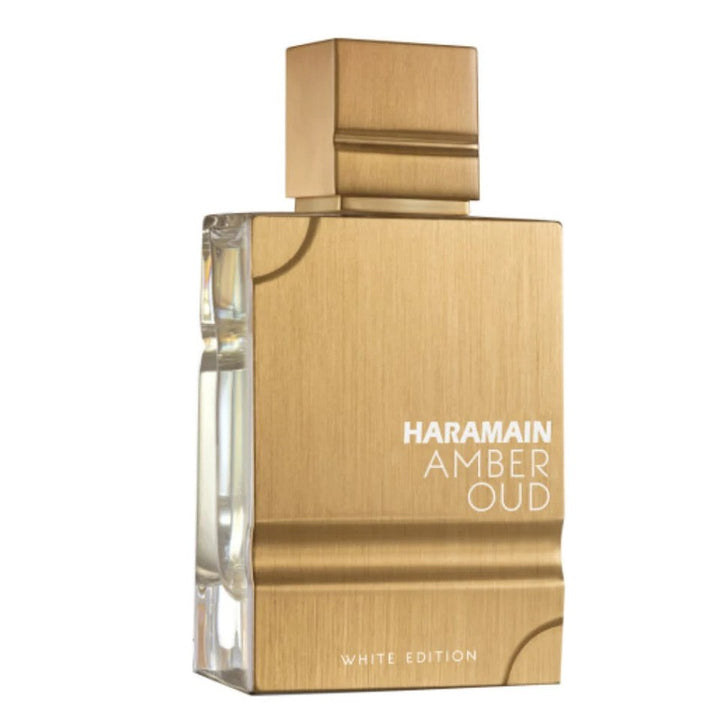 image showing the bottle and packaging for Al Haramain Amber Oud White Cologne By Al Haramain Eau De Parfum Spray 200ml