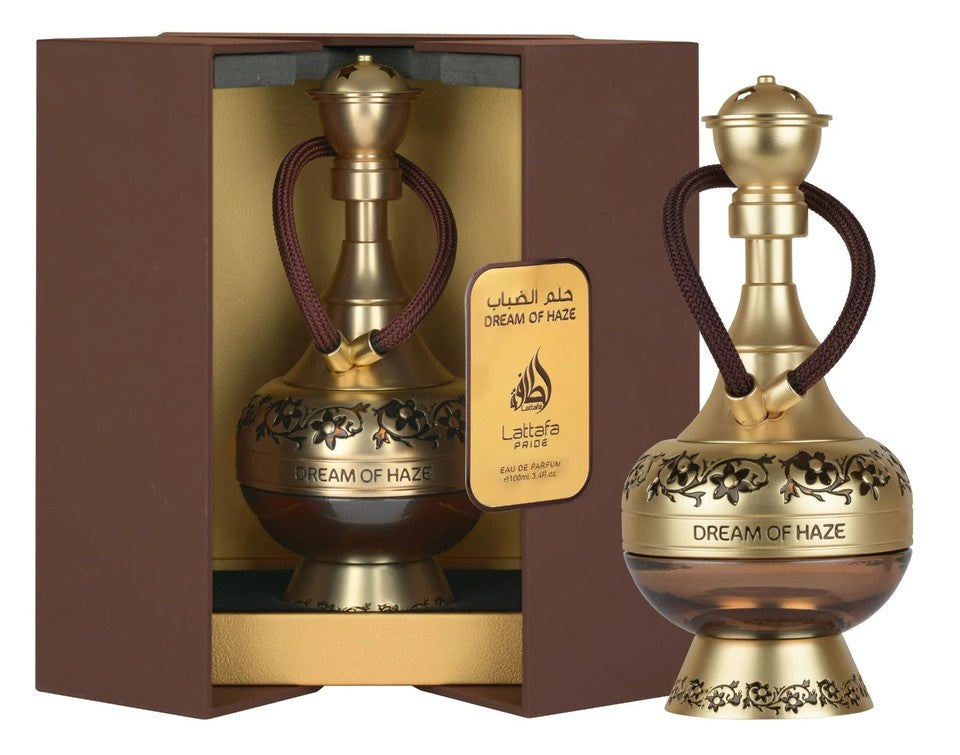Gold and bronze perfume bottle with 'Lattafa' packaging on a white background