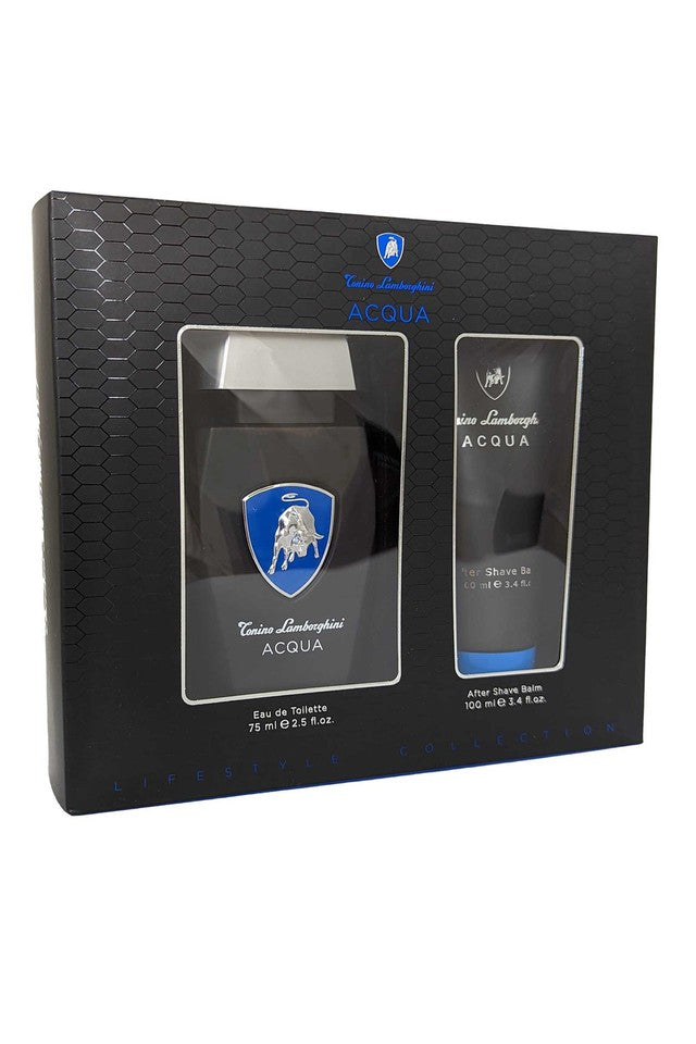 Two bottles of Tonino Lamborghini Acqua cologne in a black textured box on a white background