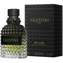 Valentino Uomo Green Stravaganza Eau de Toilette spray bottle with a textured faceted glass body and black cap, shown next to its black geometric box with green lettering.
