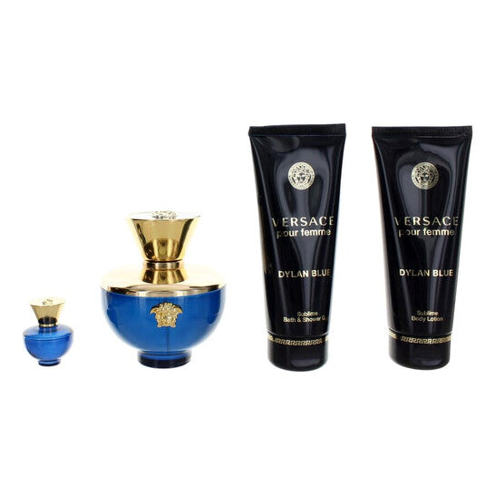 image showing the bottle and packaging for Versace Dylan Blue 4pc Set   EDP 100ml + Body Lotion 100ml + Shower Gel 100ml + Mini set