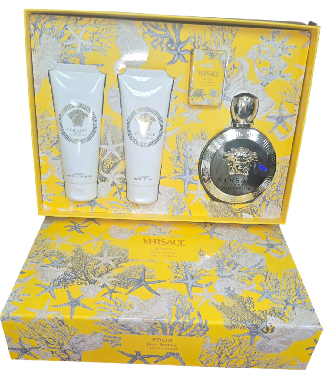 Versace Eros Pour Femme   EDP Spray 100ml + 100ml Body Lotion + 100ml Shower Gel + 5ml Mini set  - Just Perfume