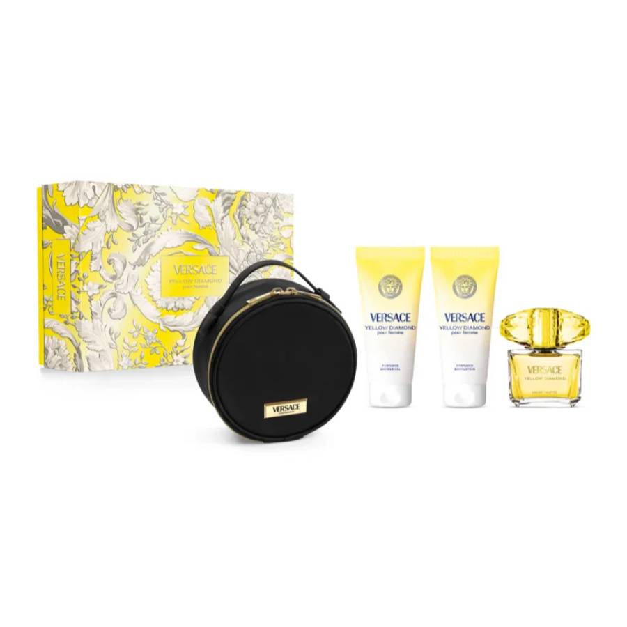Versace Yellow Diamond 4pc Women Gift Set   90ml EDT + 100ml Body Lotion + 100ml Shower Gel + Clutch Bag (Black & Gold) set  - Just Perfume