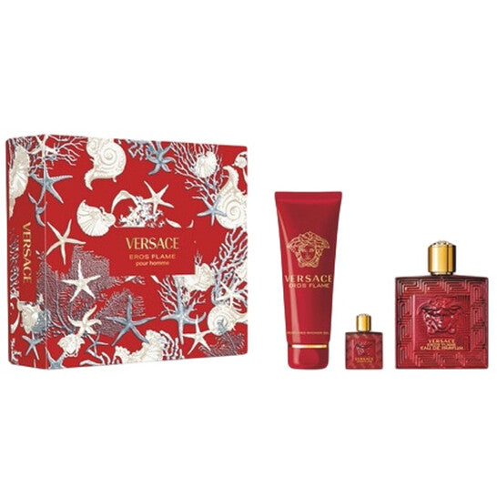 image showing the bottle and packaging for VERSACE EROS FLAME 3PC SET   EDP 100ML + BATH & SHOWER GEL 150ML + EDP MINI set