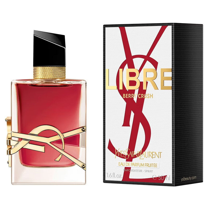 YSL Libre Berry Crush Eau de Parfum bottle with red liquid and gold logo details, shown next to its black and white packaging box featuring the YSL logo.
