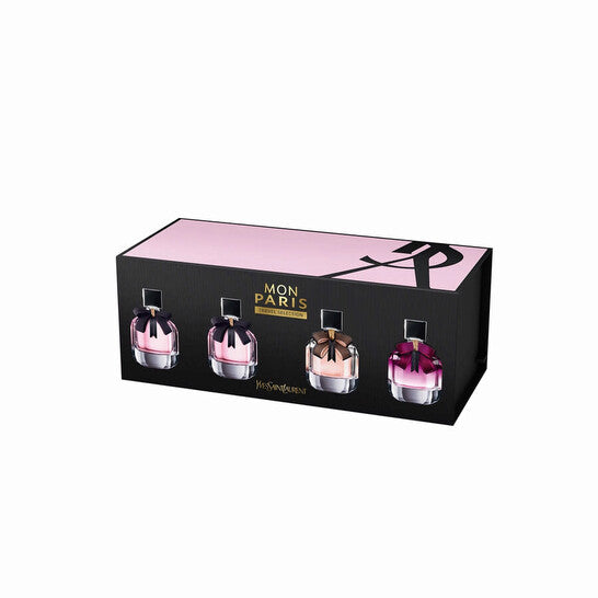 image showing the bottle and packaging for YVES SAINT LAURENT MON PARIS 4 PCS MINI SET: MON PARIS EDP 7ML + MON PARIS EDP 7ML + MON PARIS LUMIERE EDT 7ML + INTENSEMENTEDP 7ML set